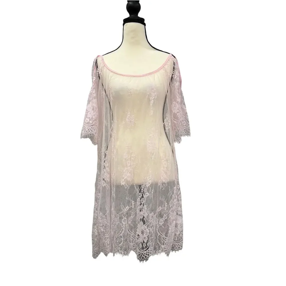 Festival Fairycore Barbiecore Sheer Lace Kimono Cover Up Robe Pink Coquette XL